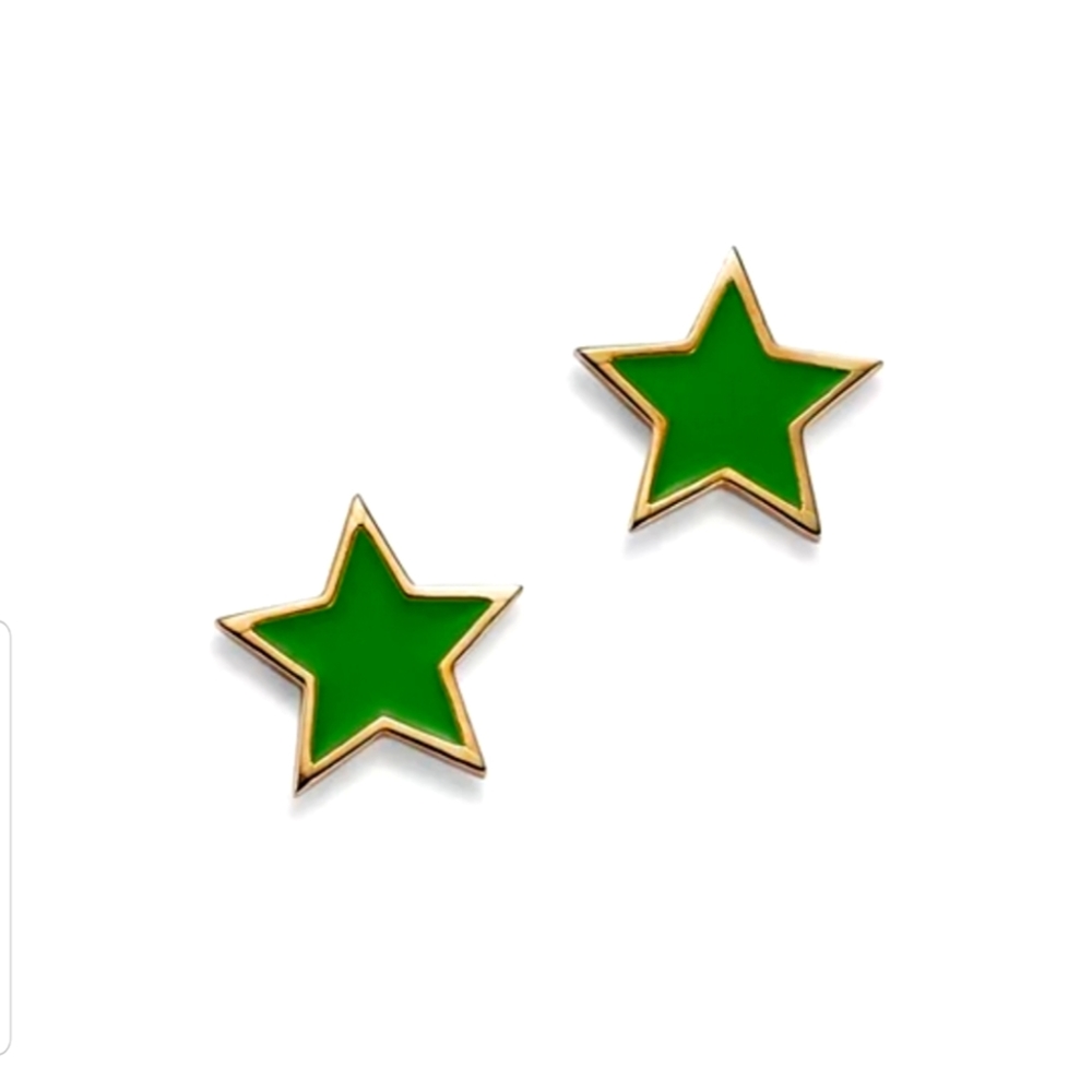 14 K Yellow Gold Moon & Meadow Enamel Star Stud Earrings